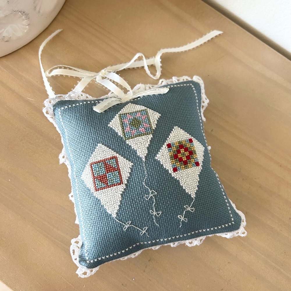 Miniature Handcrafted Cross Stitch Kite Pillow Blue Decorative Home Decor